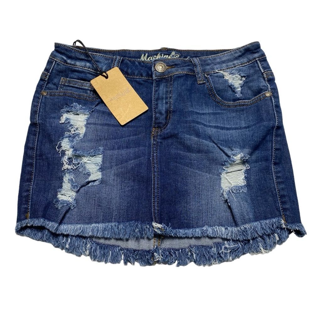 NWT Machine Distressed Frayed Hem Blue Denim Jean Mini Skirt Waist Sz 28
